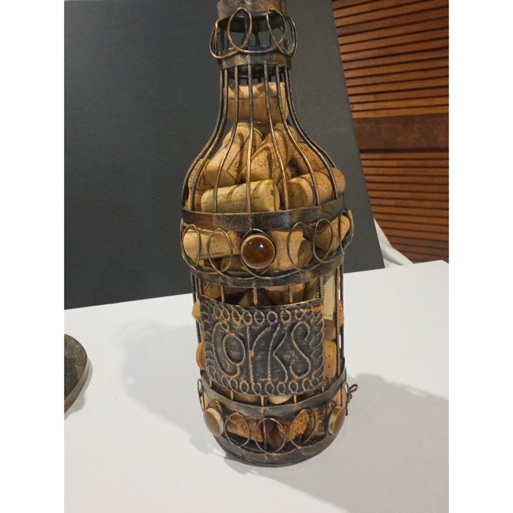 Wire Wine Bottle Shaped Cork Holder Brown Metal Wire 12" Tall full of corks